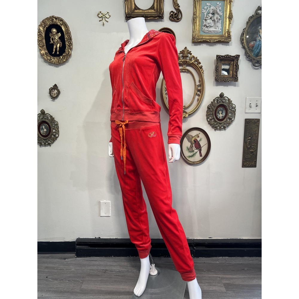 Vintage Y2K Victoria's Secret Red Velour Zip Hoodie & Jogger Tracksuit Set Siz S